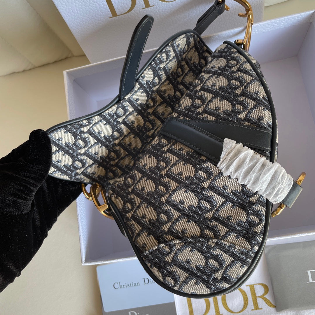 DIOR CD Saddle Bag Strap With Strap 19cm Blue Obique Embroidery