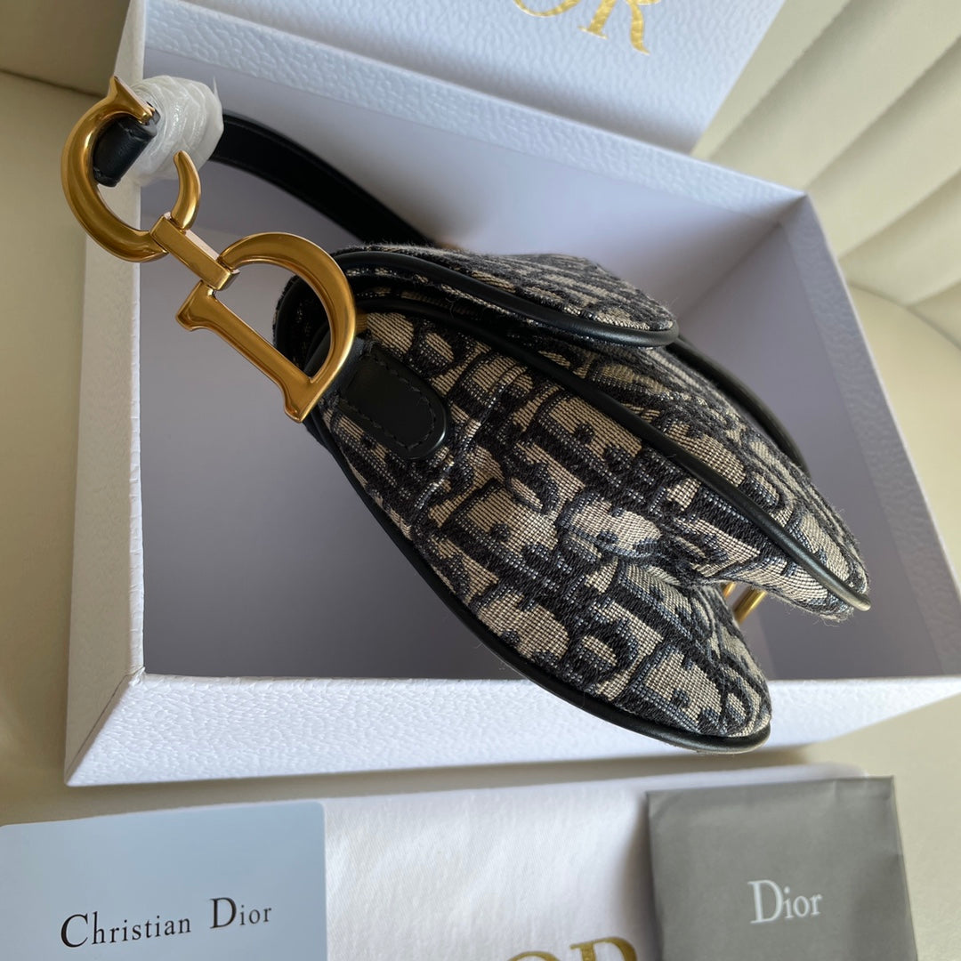 DIOR CD Saddle Bag Strap With Strap 19cm Blue Obique Embroidery