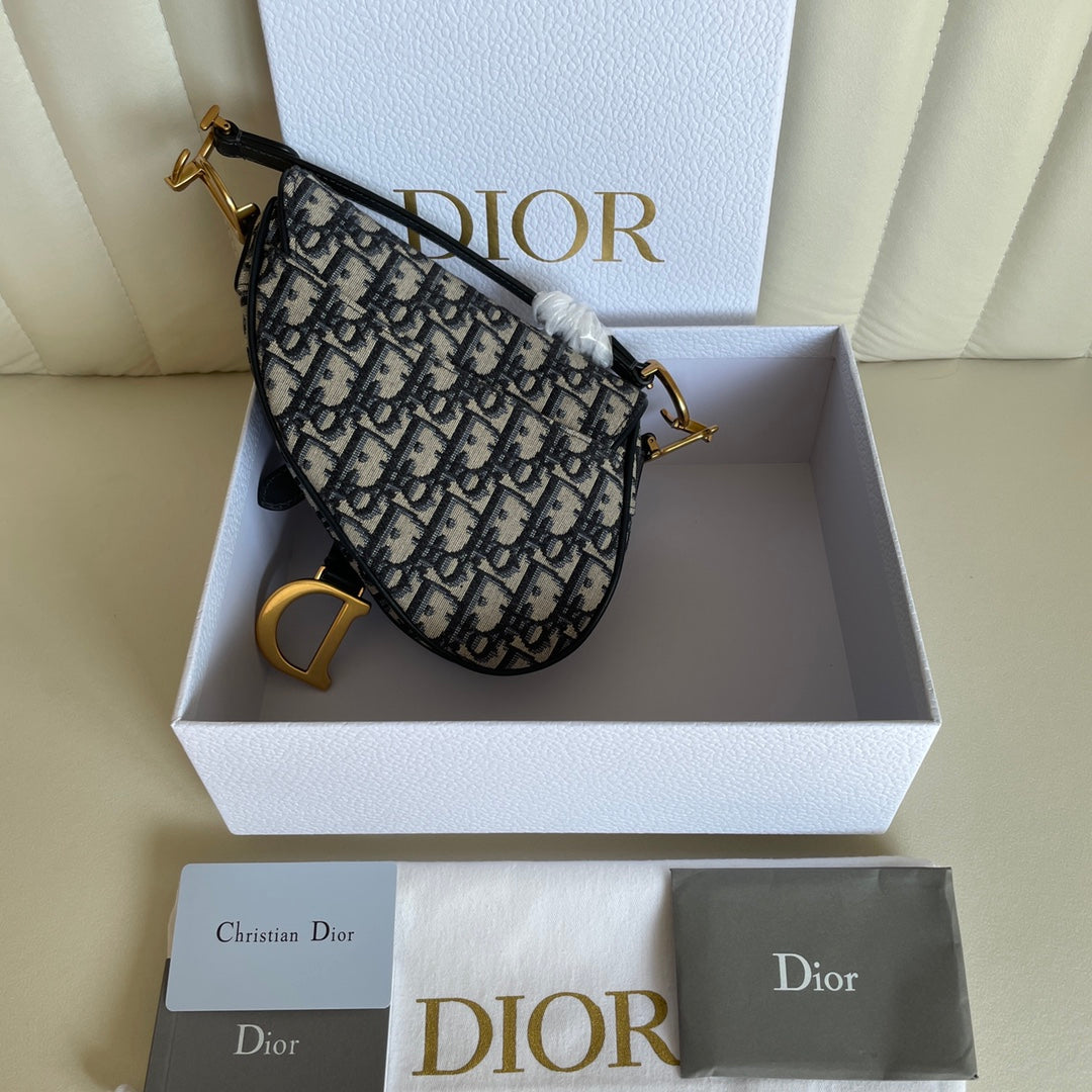 DIOR CD Saddle Bag Strap With Strap 19cm Blue Obique Embroidery