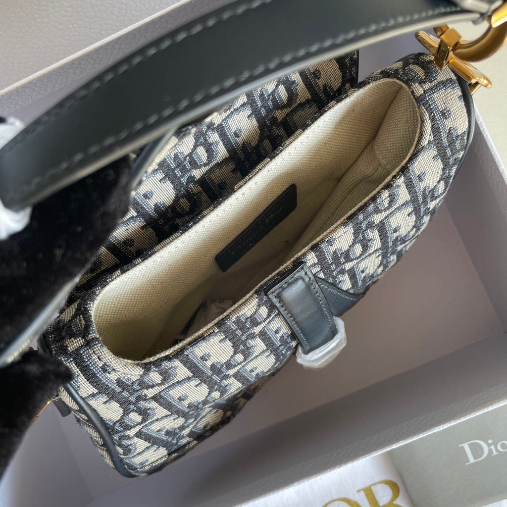 DIOR CD Saddle Bag Strap With Strap 19cm Blue Obique Embroidery