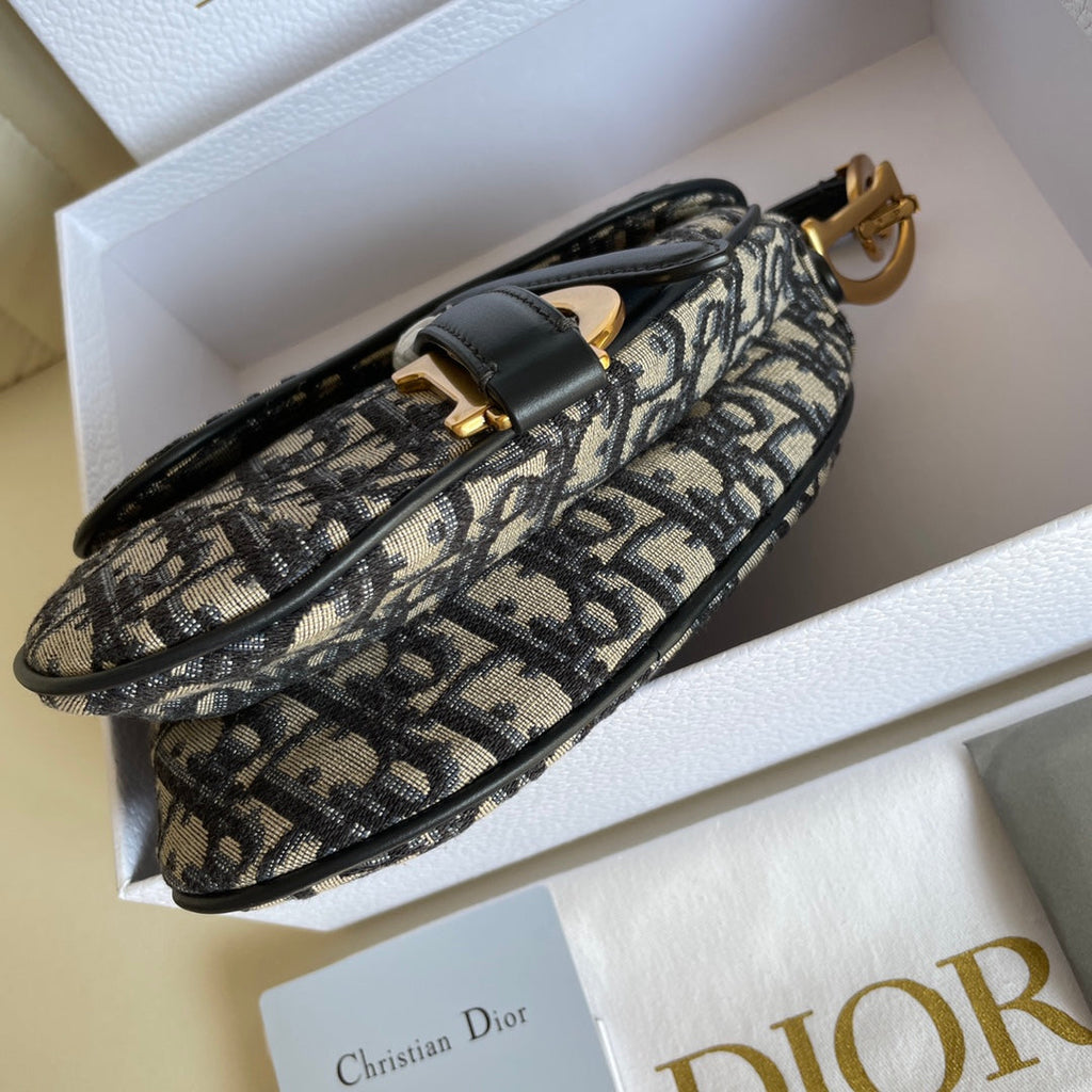DIOR CD Saddle Bag Strap With Strap 19cm Blue Obique Embroidery