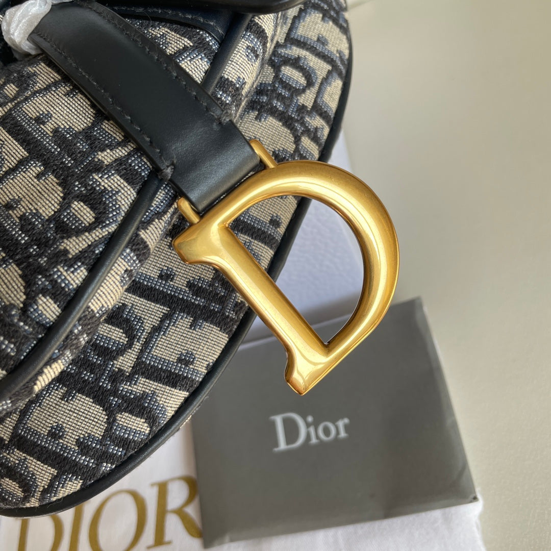 DIOR CD Saddle Bag Strap With Strap 19cm Blue Obique Embroidery