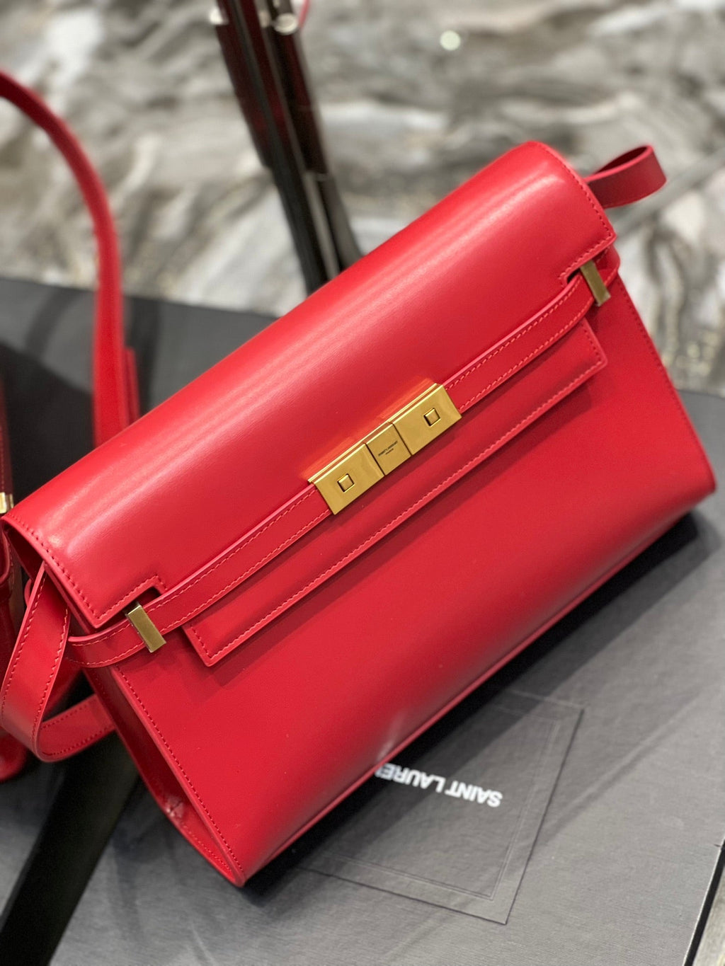 SAINT LAURENT MAHATTAN IN BOX 29 RED CALFSKIN GOLD HARDWARE