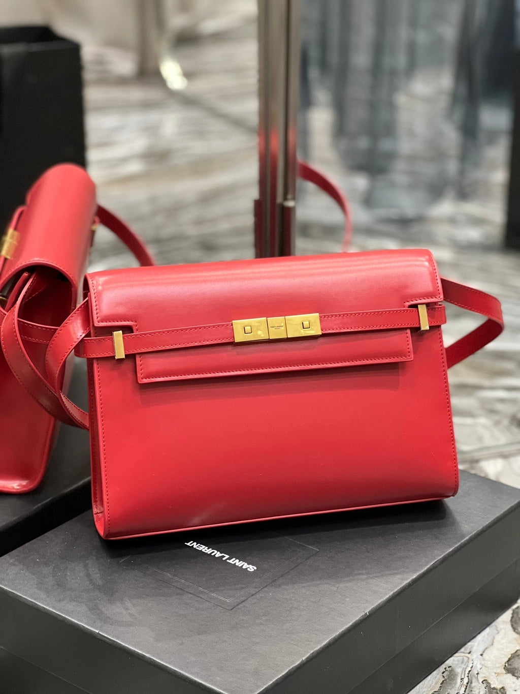 SAINT LAURENT MAHATTAN IN BOX 29 RED CALFSKIN GOLD HARDWARE