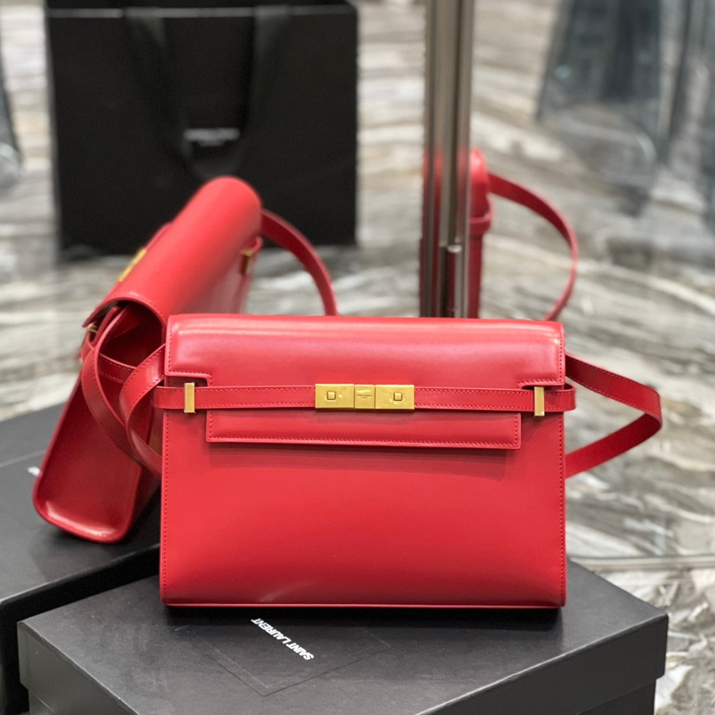 SAINT LAURENT MAHATTAN IN BOX 29 RED CALFSKIN GOLD HARDWARE