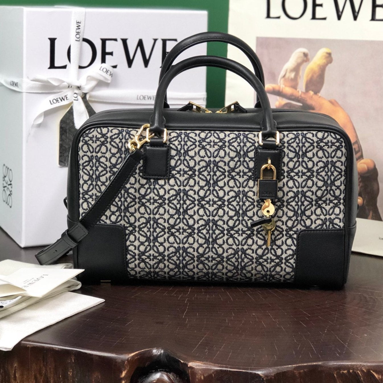 LOEWE LOE AMAZONA 28 BAG IN BLACK CALFSKIN AND BEIGE MONOGRAM FABRIC