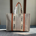 CHLOE LAGRE WOODY TOTE BAG 45 IN BEIGE LINEN CANVAS BLACK WEBBING LOGO EMBROIDER ORANGE CALFSKIN