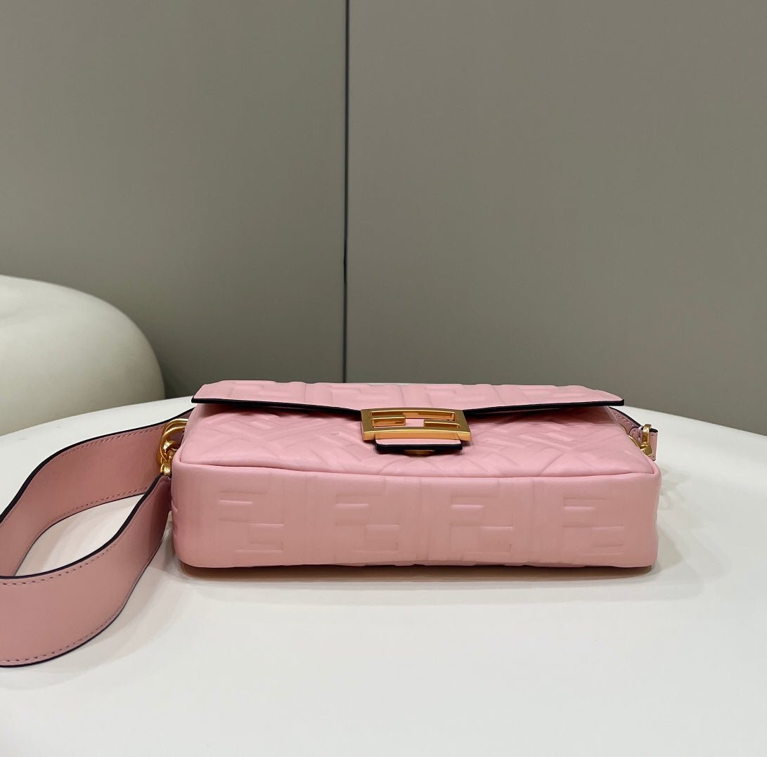 FENDI BAGUETTE WITH FF MOTIF 27 IN LIGHT PINK SOFT LAMBSKIN GOLD HARDWARE