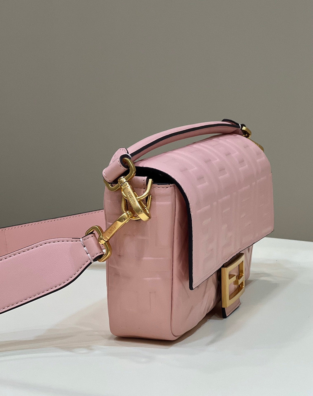 FENDI BAGUETTE WITH FF MOTIF 27 IN LIGHT PINK SOFT LAMBSKIN GOLD HARDWARE