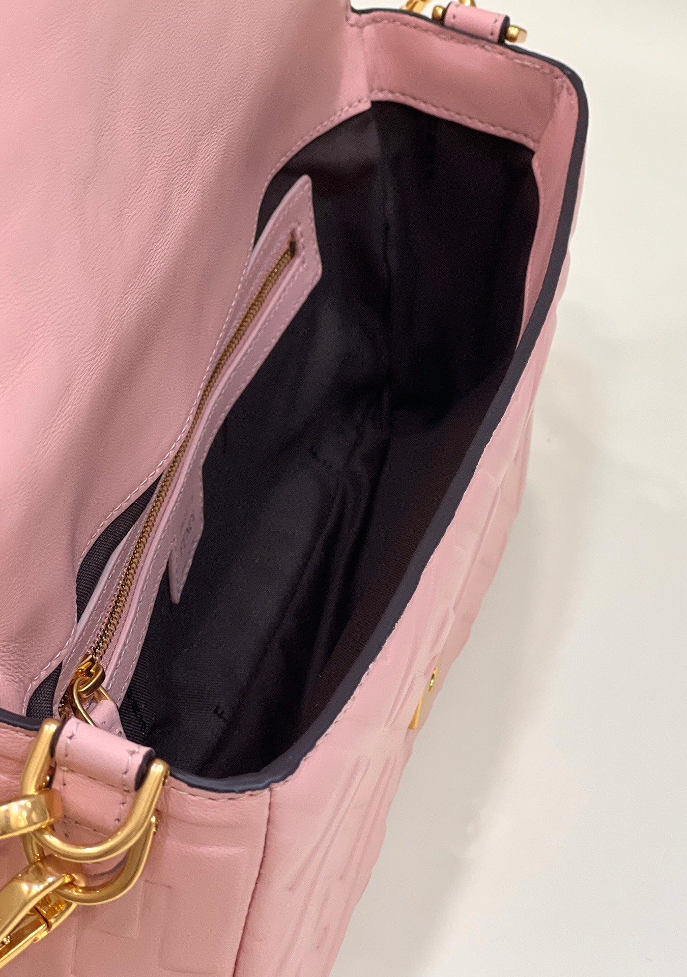 FENDI BAGUETTE WITH FF MOTIF 27 IN LIGHT PINK SOFT LAMBSKIN GOLD HARDWARE
