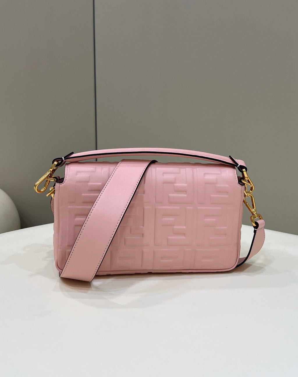 FENDI BAGUETTE WITH FF MOTIF 27 IN LIGHT PINK SOFT LAMBSKIN GOLD HARDWARE