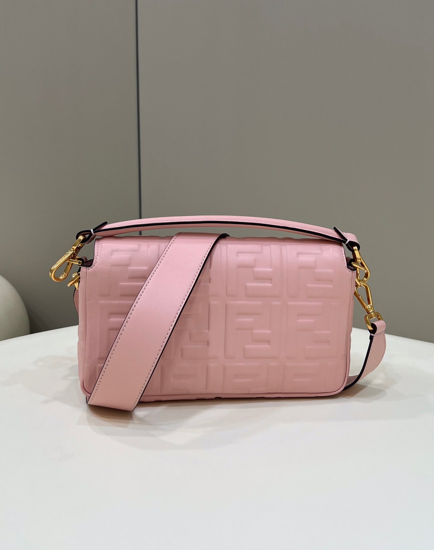 FENDI BAGUETTE WITH FF MOTIF 27 IN LIGHT PINK SOFT LAMBSKIN GOLD HARDWARE
