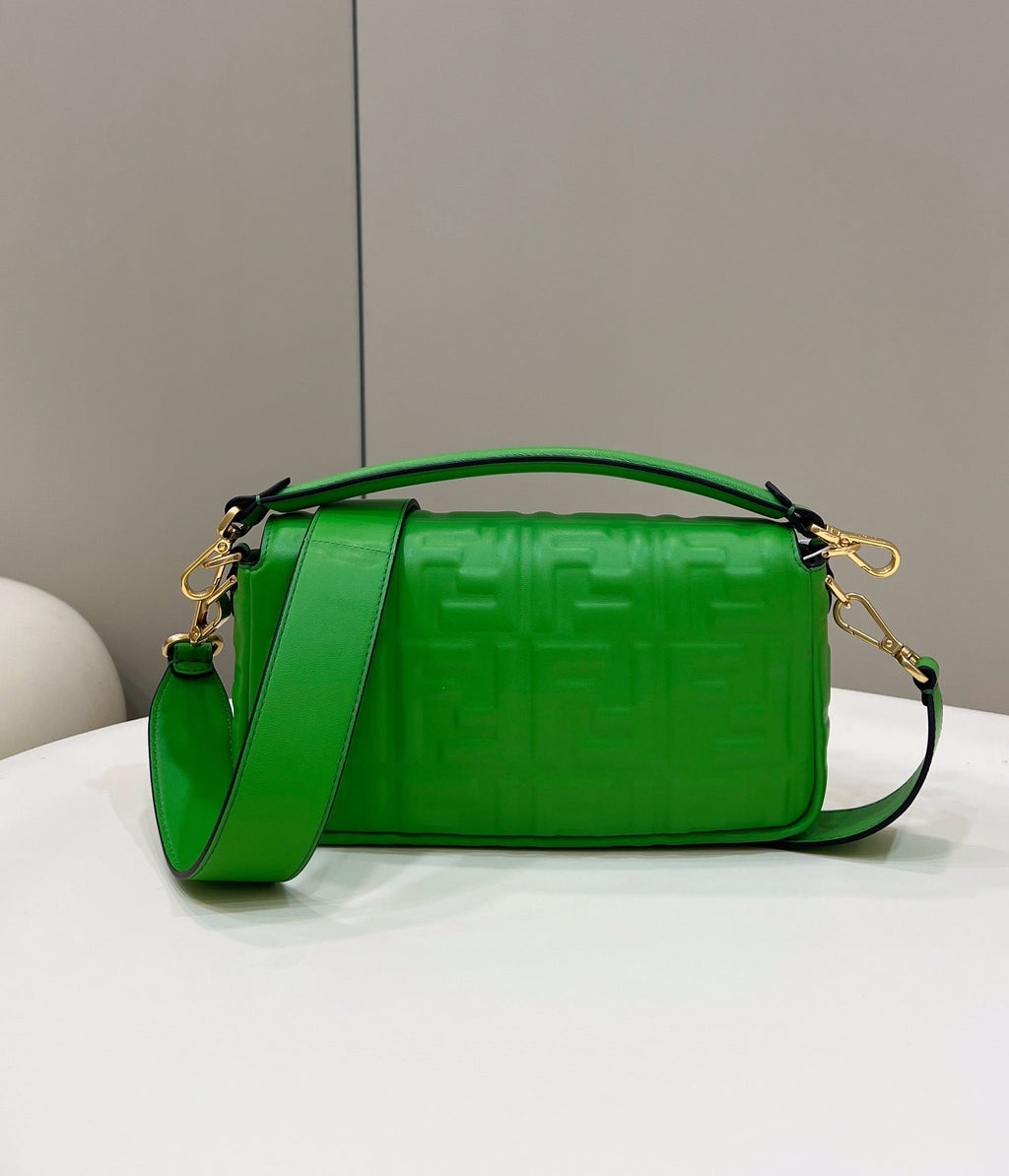 FENDI BAGUETTE WITH FF MOTIF 27 IN EMERALD GREEN SOFT LAMBSKIN GOLD HARDWARE