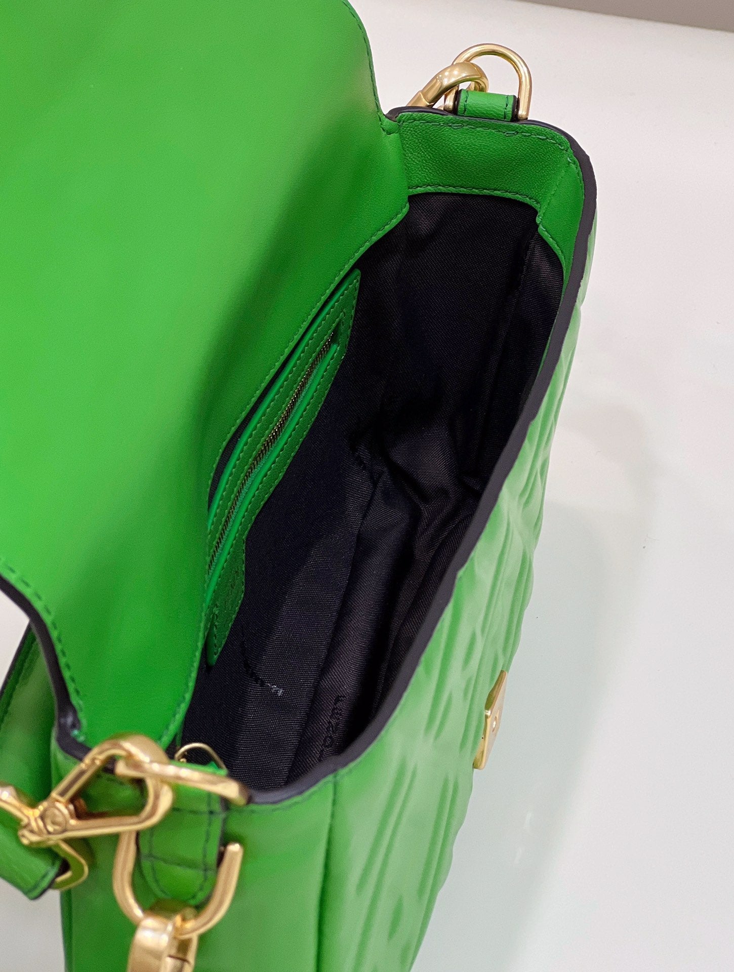 FENDI BAGUETTE WITH FF MOTIF 27 IN EMERALD GREEN SOFT LAMBSKIN GOLD HARDWARE