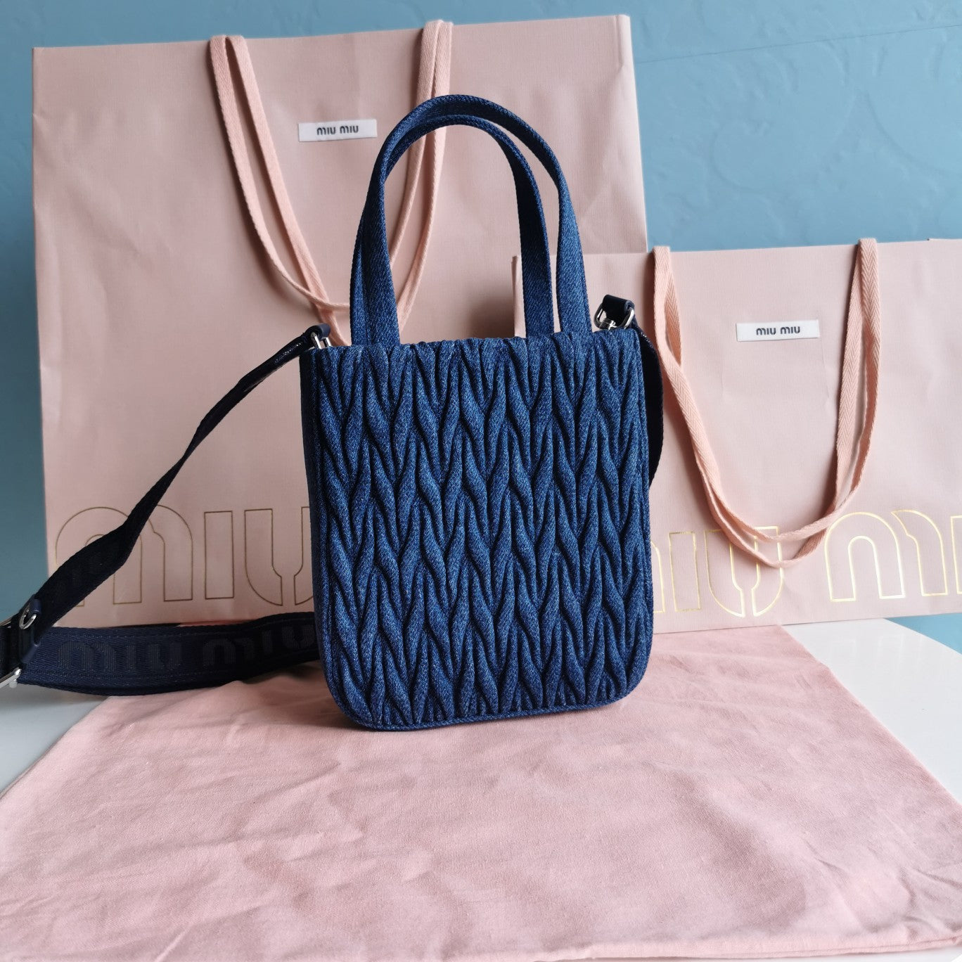MIU MIU TOTE 18 BAG IN NAVY BLUE DENIM