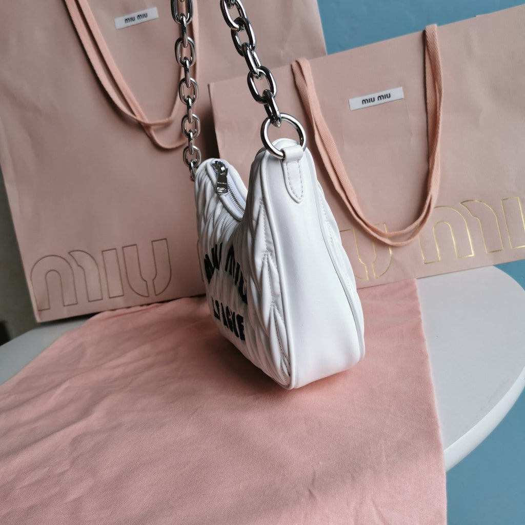 MIU MIU MATELASSé 21 BAG IN WHITE SATIN