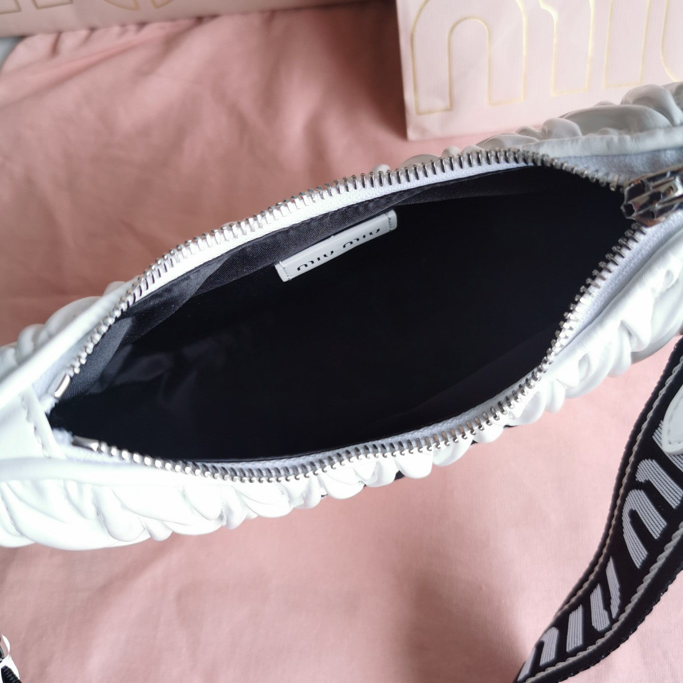 MIU MIU MATELASSé 21 BAG IN WHITE SATIN