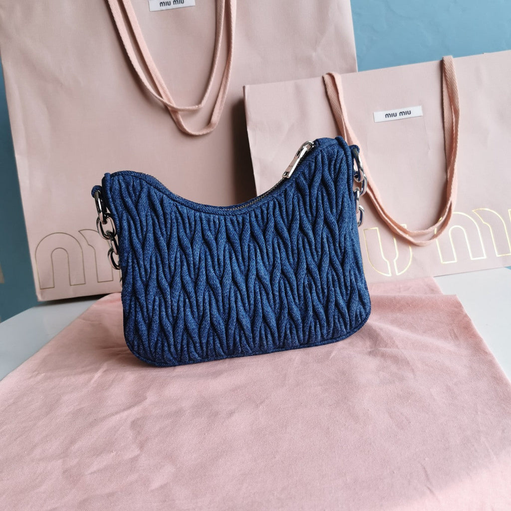 MIU MIU MATELASSé 21 BAG IN NAVY BLUE DENIM