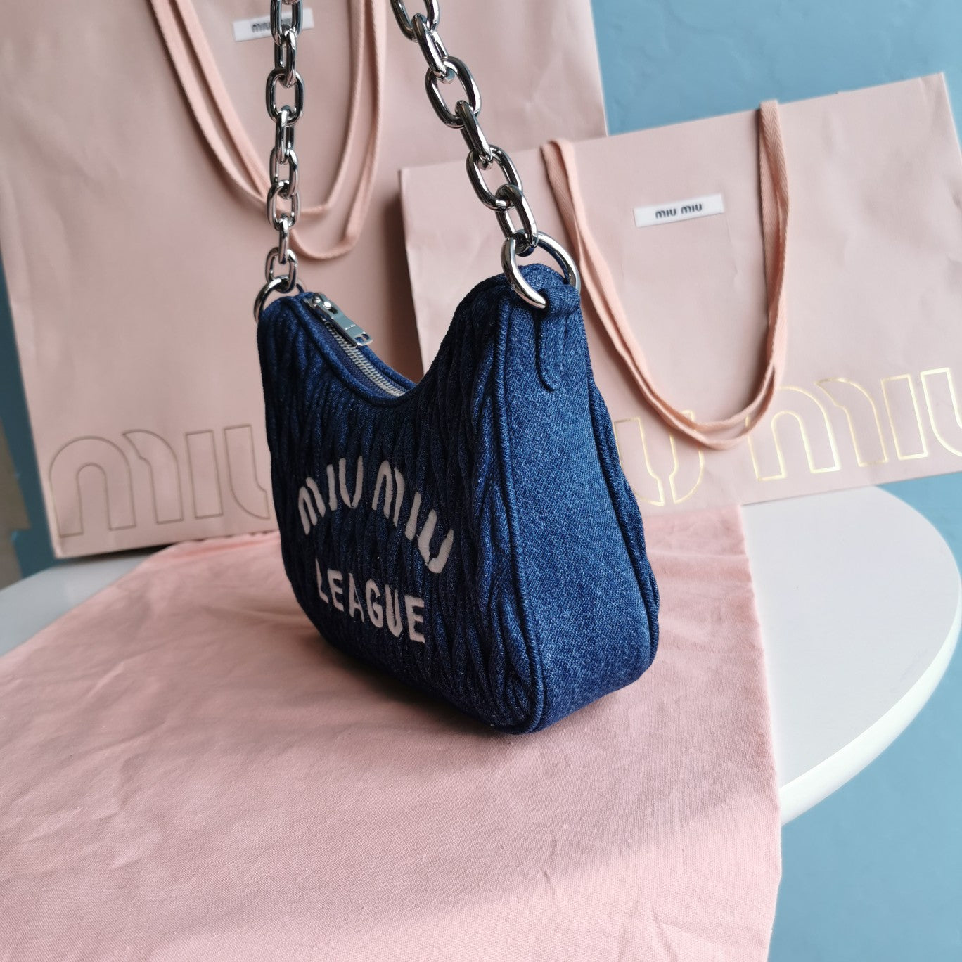 MIU MIU MATELASSé 21 BAG IN NAVY BLUE DENIM