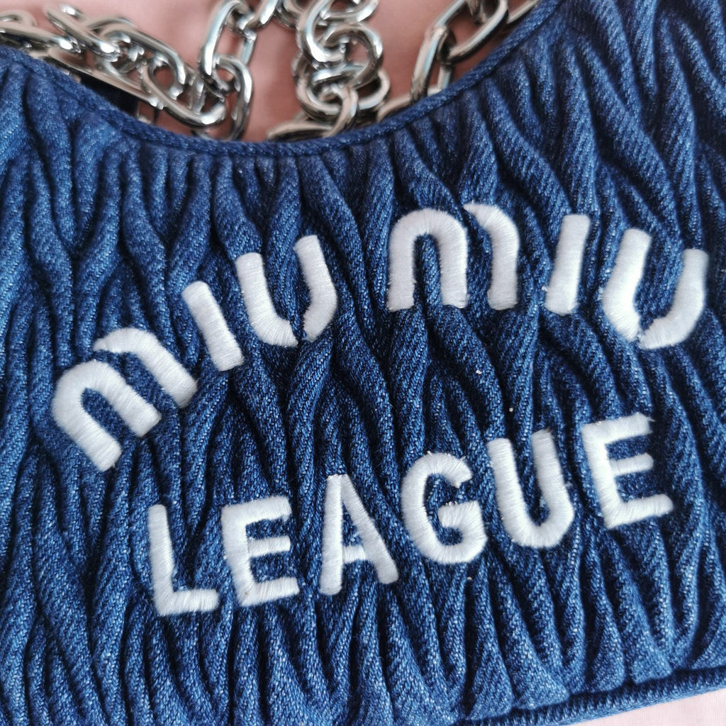 MIU MIU MATELASSé 21 BAG IN NAVY BLUE DENIM
