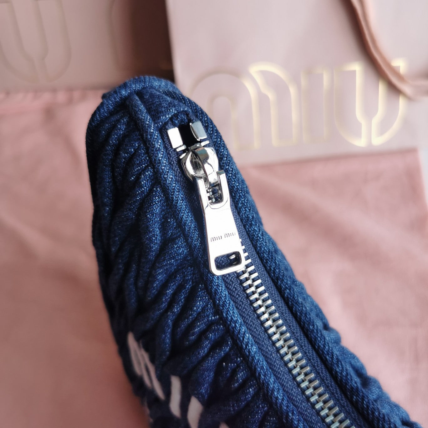 MIU MIU MATELASSé 21 BAG IN NAVY BLUE DENIM
