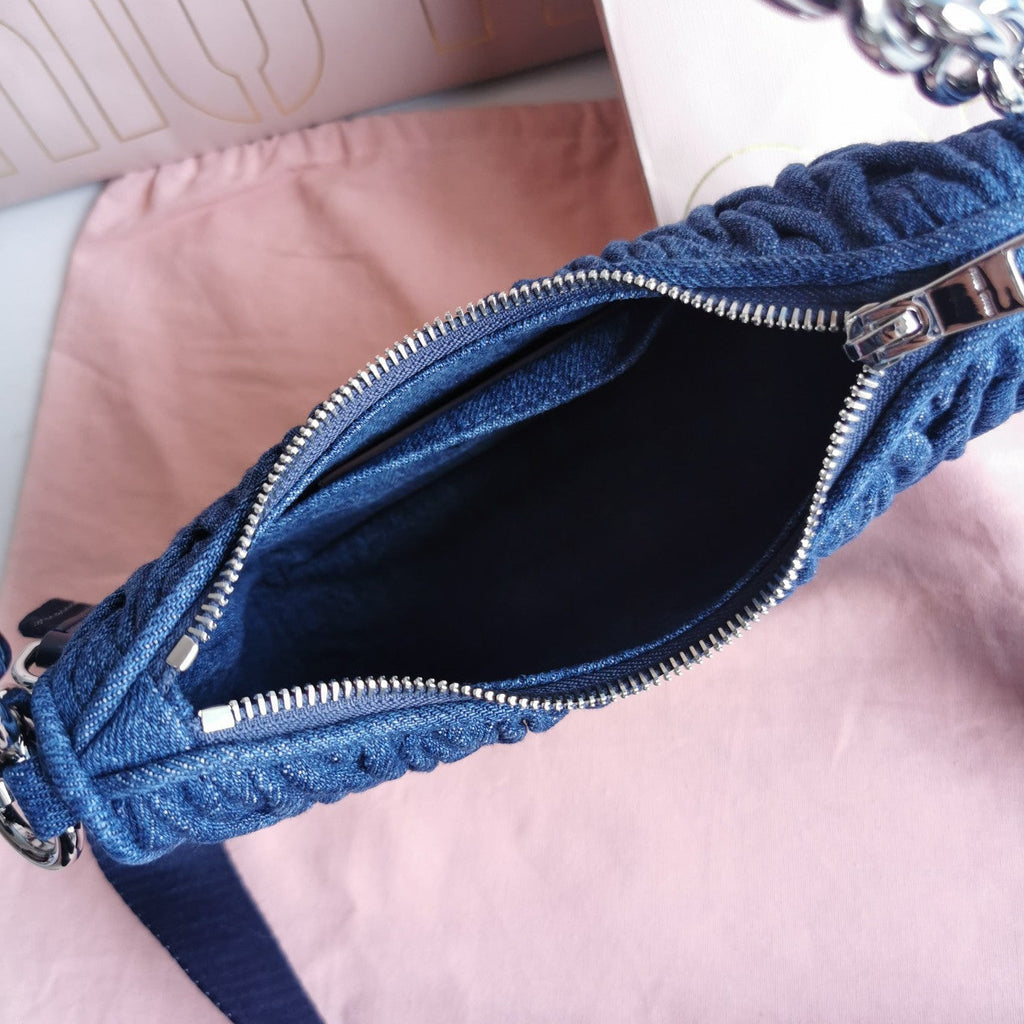 MIU MIU MATELASSé 21 BAG IN NAVY BLUE DENIM