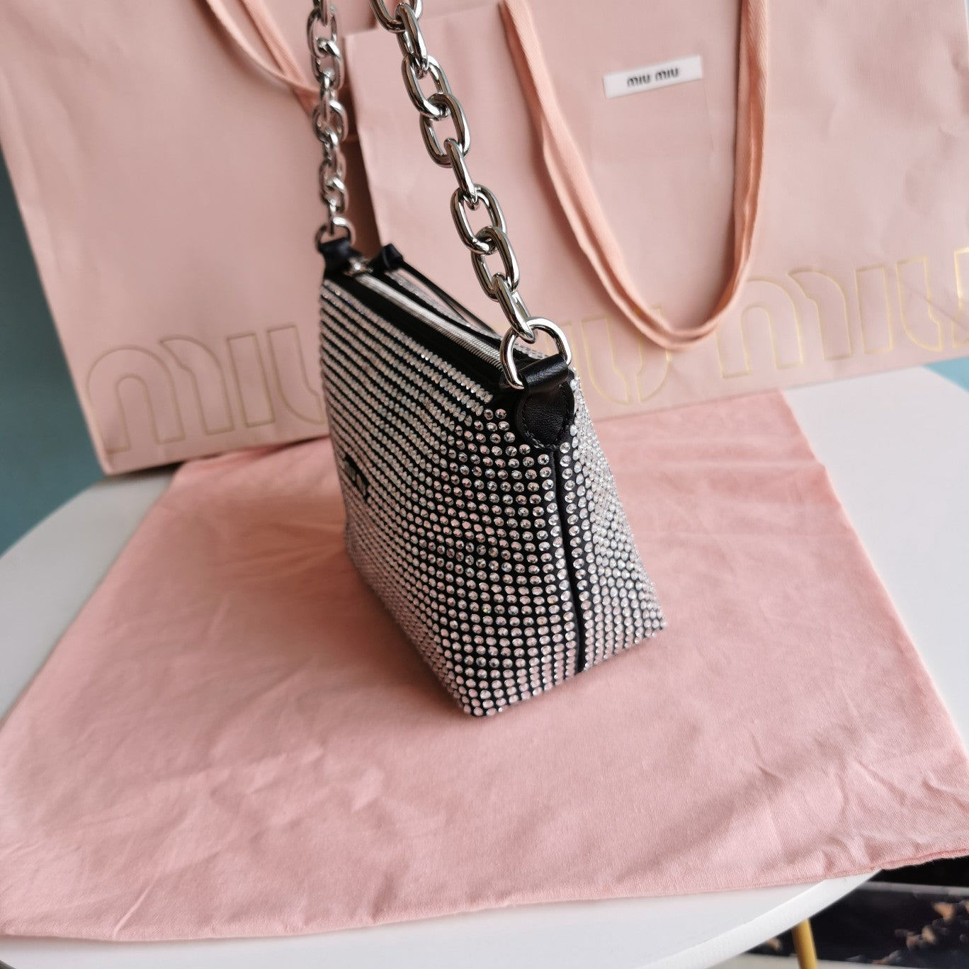 MIU MIU HANDBAG 19 IN BLACK CALFSKIN WITH CRYSTAL