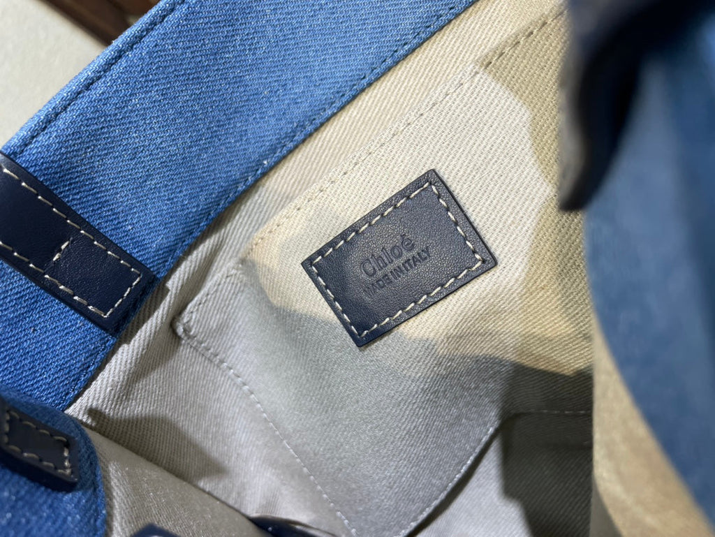 CHLOE SMALL STRAP WOODY TOTE BAG 26.5 IN BLUE DENIM CANVAS DARK BLUE CALFSKIN