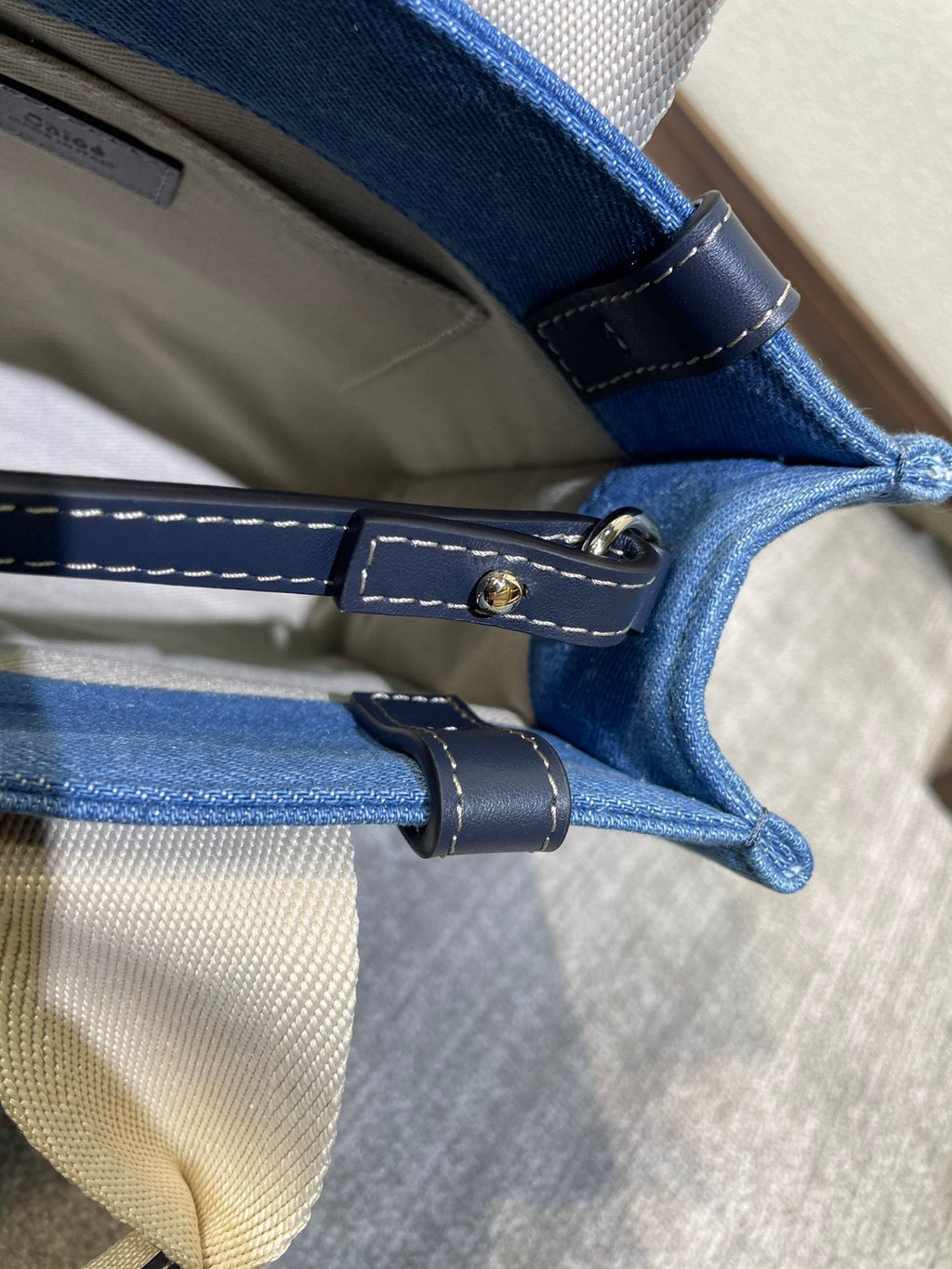 CHLOE SMALL STRAP WOODY TOTE BAG 26.5 IN BLUE DENIM CANVAS DARK BLUE CALFSKIN