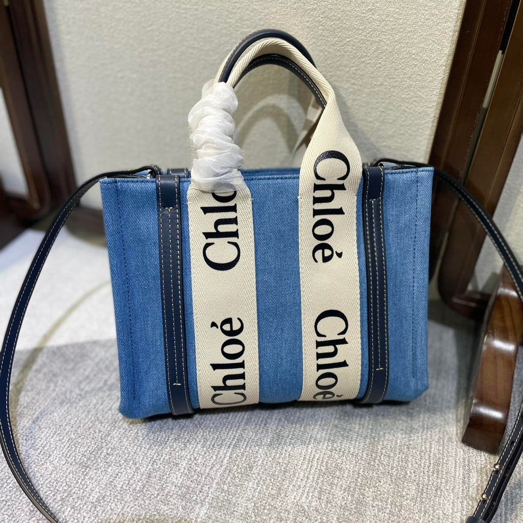 CHLOE SMALL STRAP WOODY TOTE BAG 26.5 IN BLUE DENIM CANVAS DARK BLUE CALFSKIN