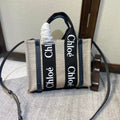 CHLOE SMALL STRAP WOODY TOTE BAG 26.5 IN BEIGE LINEN CANVAS BLACK WEBBING DARK BLUE CALFSKIN