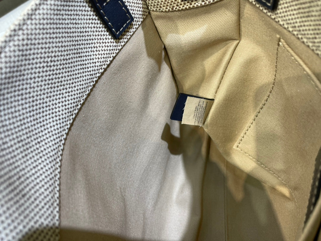 CHLOE SMALL STRAP WOODY TOTE BAG 26.5 IN BEIGE LINEN CANVAS BLACK WEBBING DARK BLUE CALFSKIN