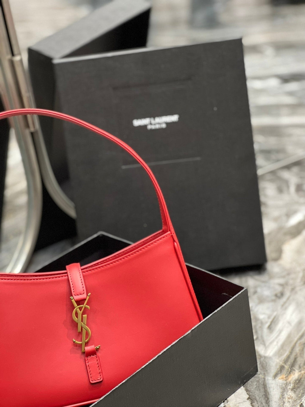 SAINT LAURENT LE 5 A 7 23 RED LAMBSKIN GOLD HARDWARE