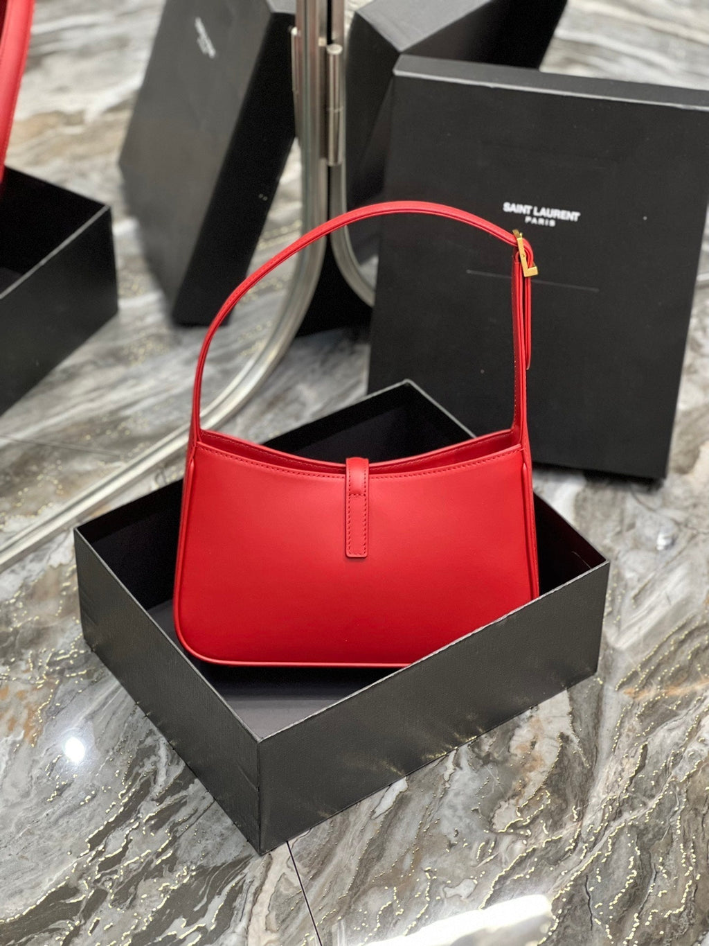 SAINT LAURENT LE 5 A 7 23 RED LAMBSKIN GOLD HARDWARE