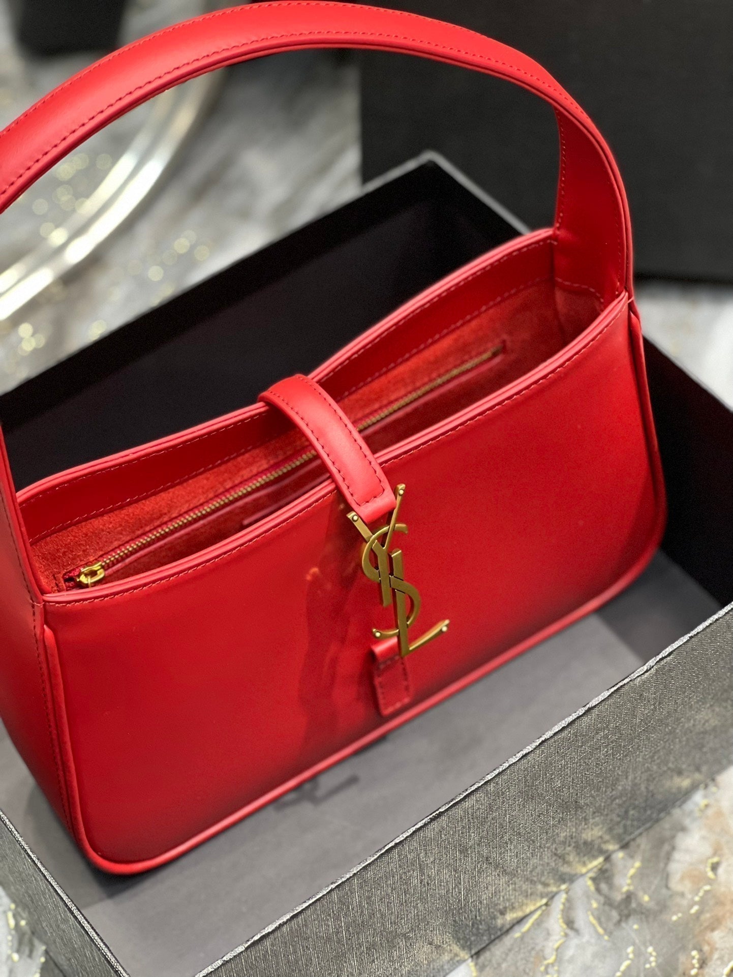 SAINT LAURENT LE 5 A 7 23 RED LAMBSKIN GOLD HARDWARE