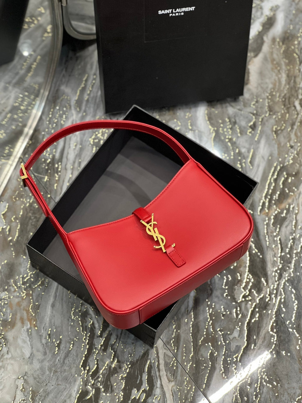 SAINT LAURENT LE 5 A 7 23 RED LAMBSKIN GOLD HARDWARE