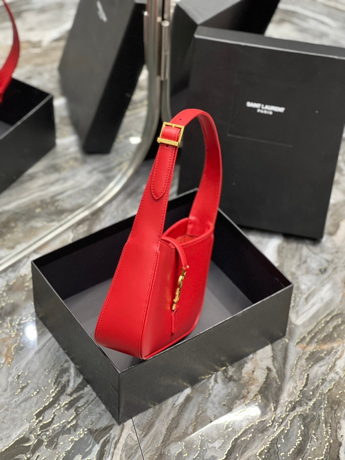 SAINT LAURENT LE 5 A 7 23 RED LAMBSKIN GOLD HARDWARE