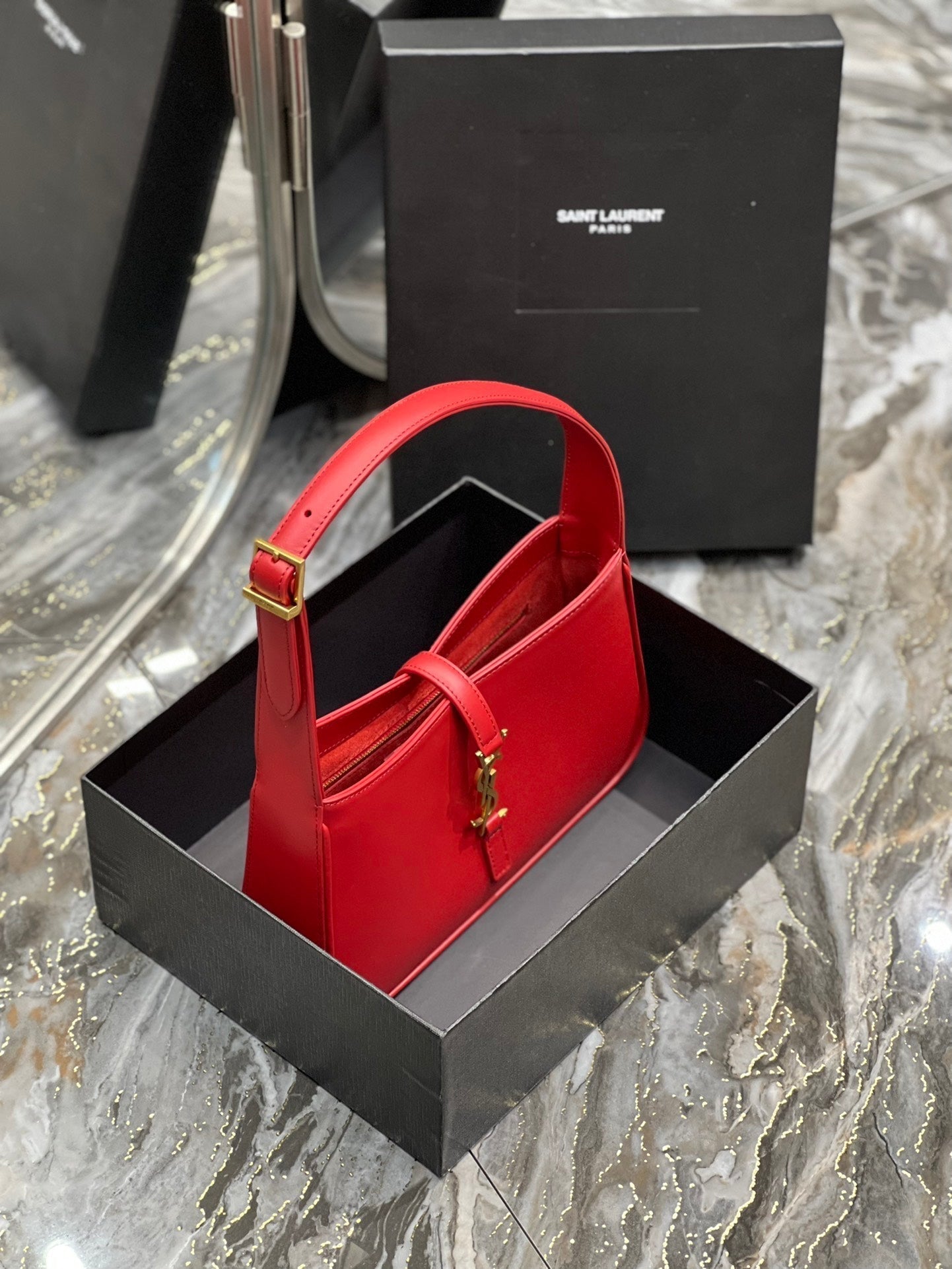 SAINT LAURENT LE 5 A 7 23 RED LAMBSKIN GOLD HARDWARE