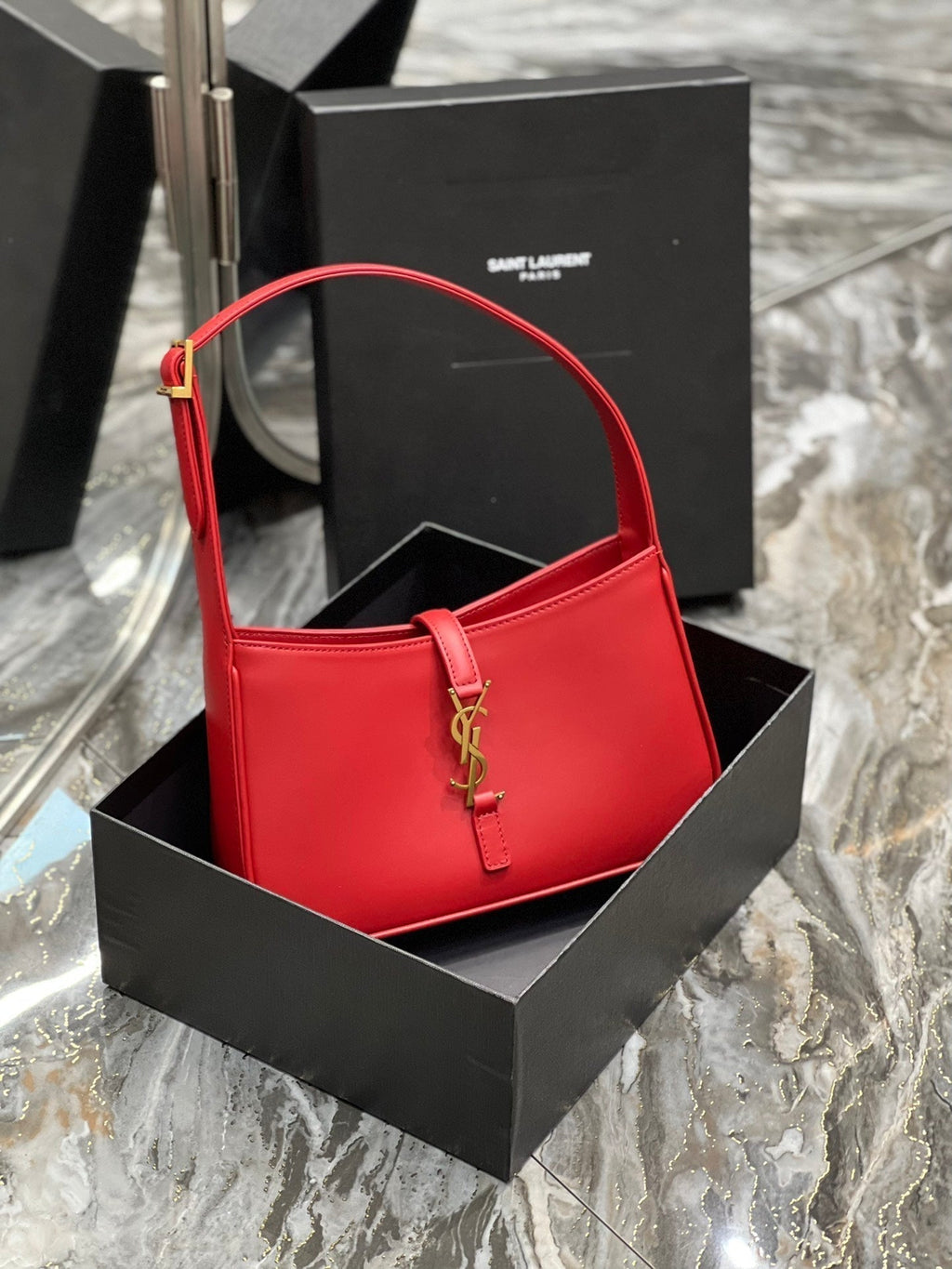 SAINT LAURENT LE 5 A 7 23 RED LAMBSKIN GOLD HARDWARE