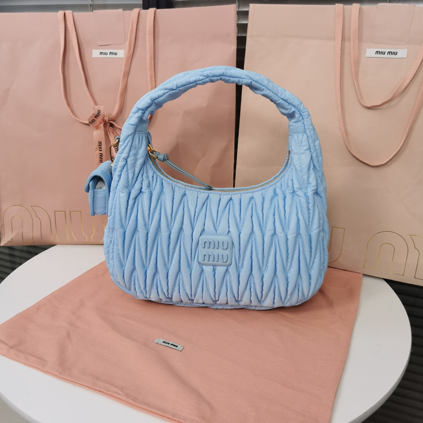 MIU MIU WANDER 28 BAG IN BLUE MINT ECO - FRIENDLY NYLON