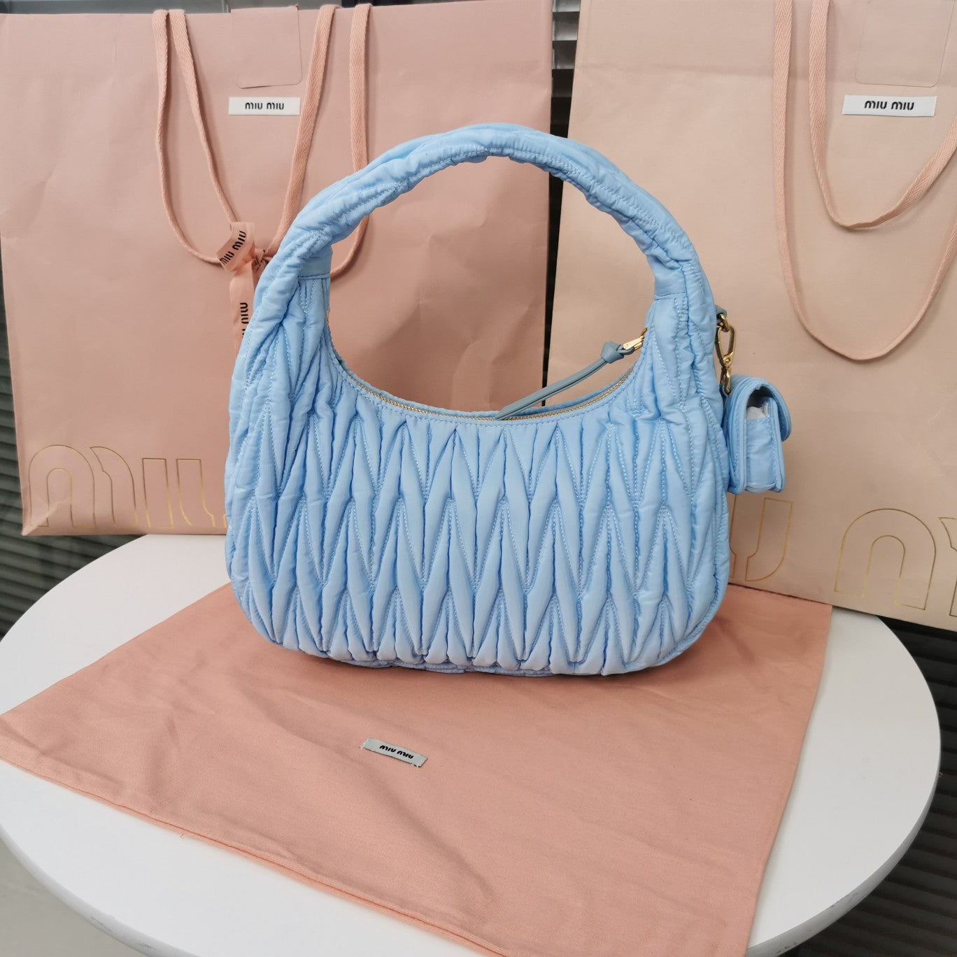 MIU MIU WANDER 28 BAG IN BLUE MINT ECO - FRIENDLY NYLON