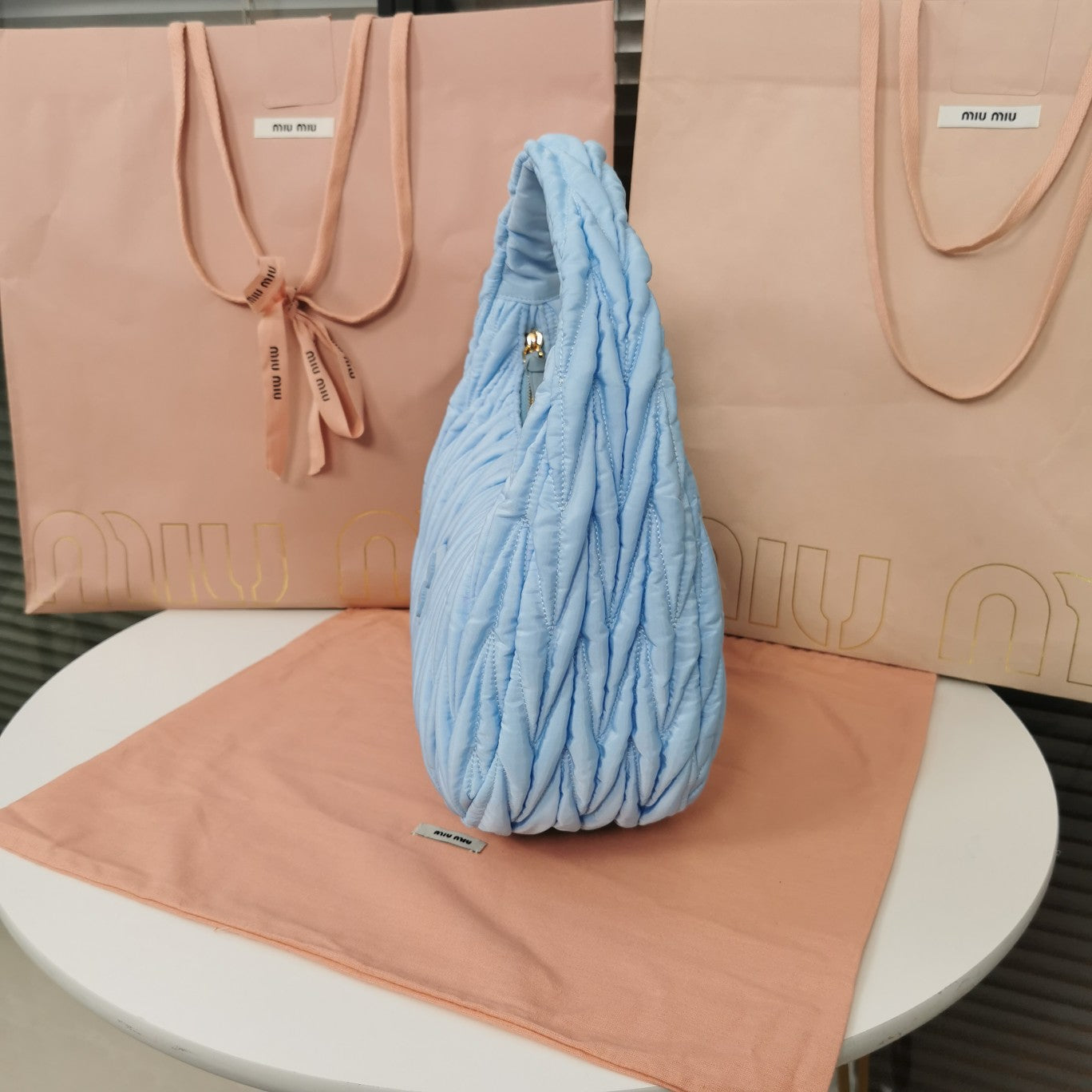 MIU MIU WANDER 28 BAG IN BLUE MINT ECO - FRIENDLY NYLON