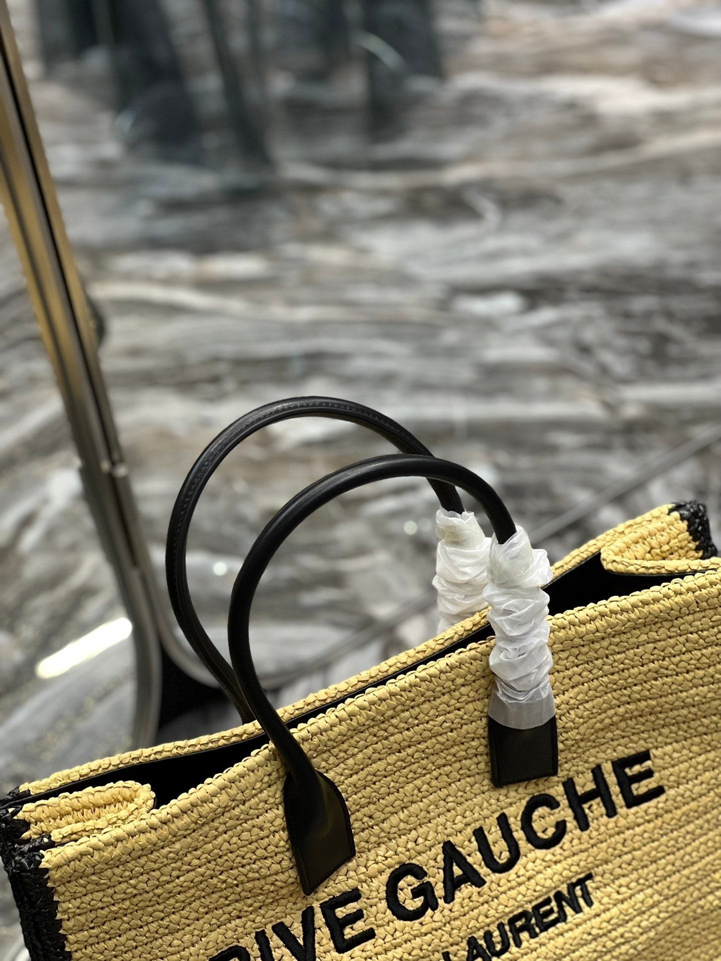 SAINT LAURENT RIVE GAUCHE TOTE BAG 48 IN LIGHT YELLOW AND BLACK TRIM RAFFIA
