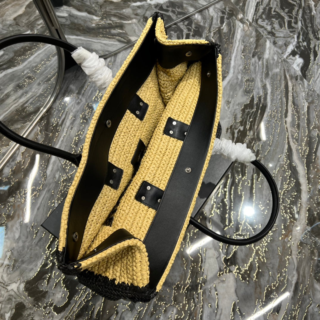 SAINT LAURENT RIVE GAUCHE TOTE BAG 48 IN LIGHT YELLOW AND BLACK TRIM RAFFIA