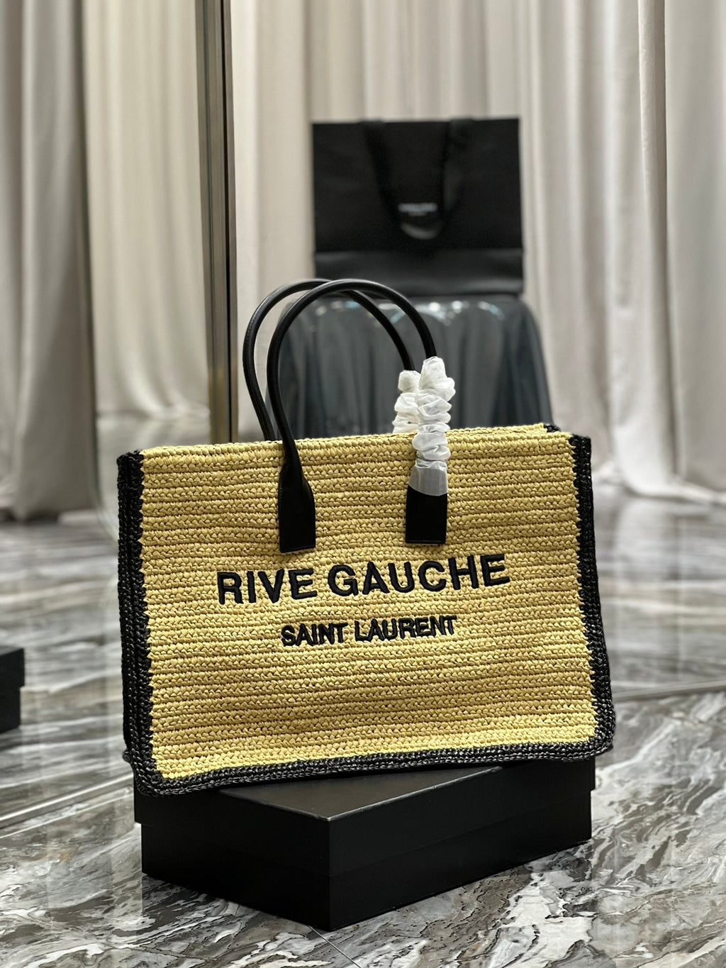 SAINT LAURENT RIVE GAUCHE TOTE BAG 48 IN LIGHT YELLOW AND BLACK TRIM RAFFIA