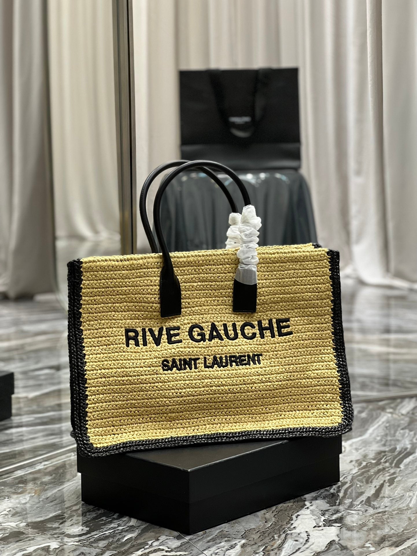 SAINT LAURENT RIVE GAUCHE TOTE BAG 48 IN LIGHT YELLOW AND BLACK TRIM RAFFIA