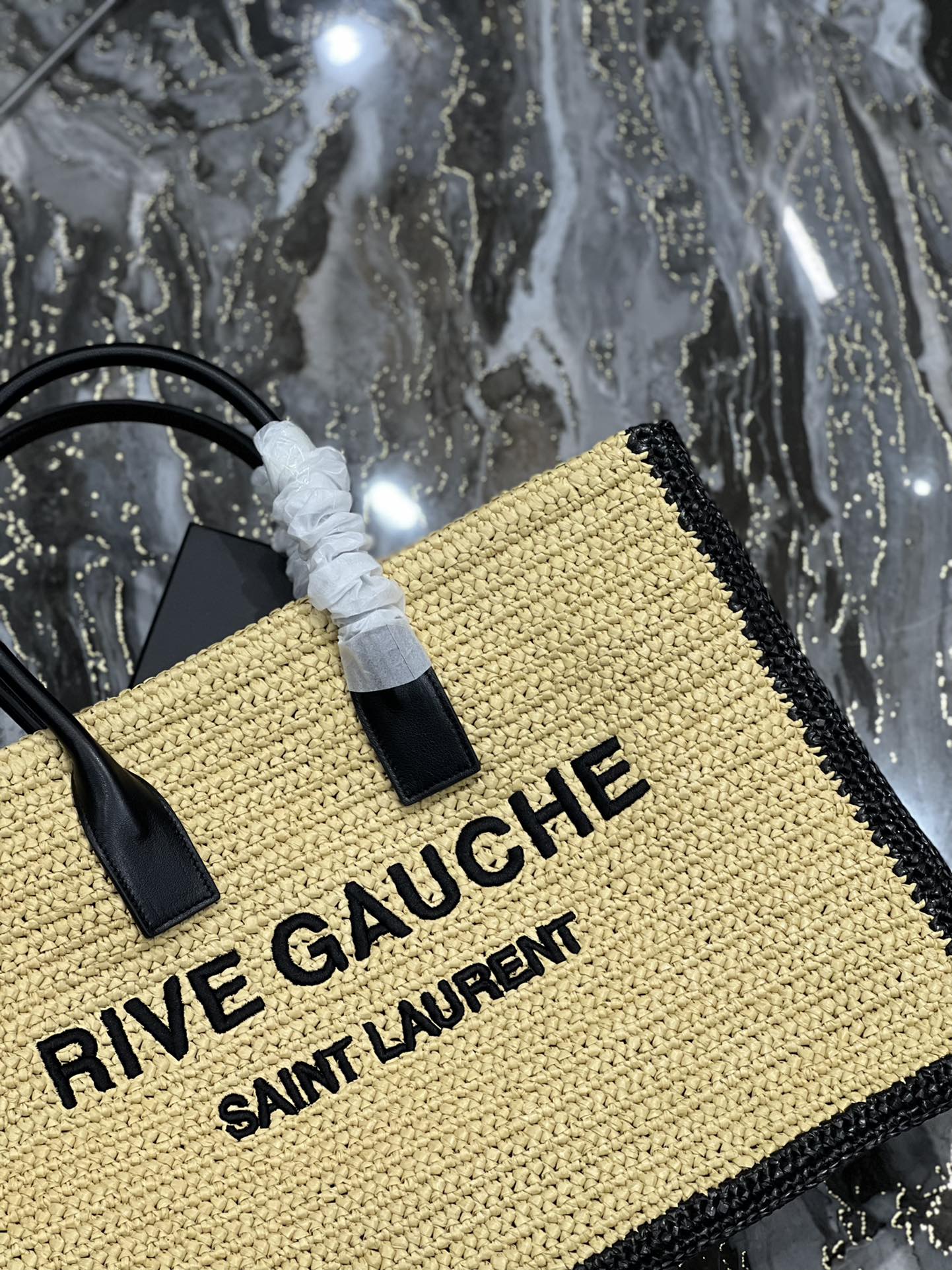 SAINT LAURENT RIVE GAUCHE TOTE BAG 48 IN LIGHT YELLOW AND BLACK TRIM RAFFIA