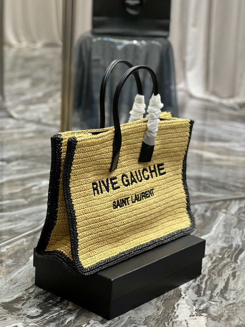 SAINT LAURENT RIVE GAUCHE TOTE BAG 48 IN LIGHT YELLOW AND BLACK TRIM RAFFIA