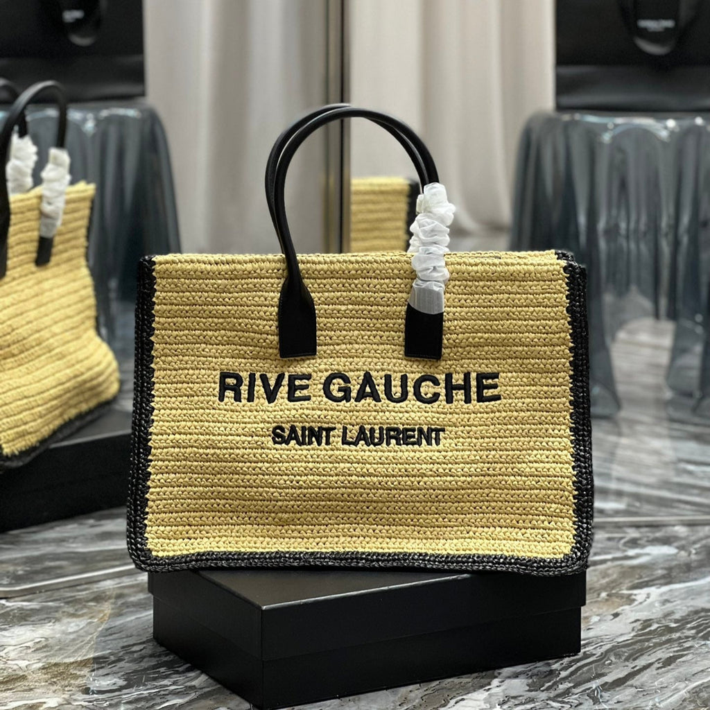 SAINT LAURENT RIVE GAUCHE TOTE BAG 48 IN LIGHT YELLOW AND BLACK TRIM RAFFIA