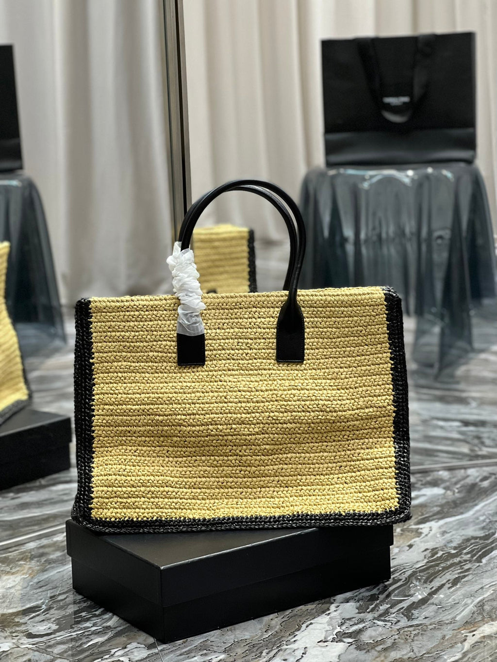 SAINT LAURENT RIVE GAUCHE TOTE BAG 48 IN LIGHT YELLOW AND BLACK TRIM RAFFIA